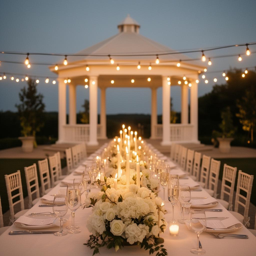 Candlelit reception table with taper candles and white florals