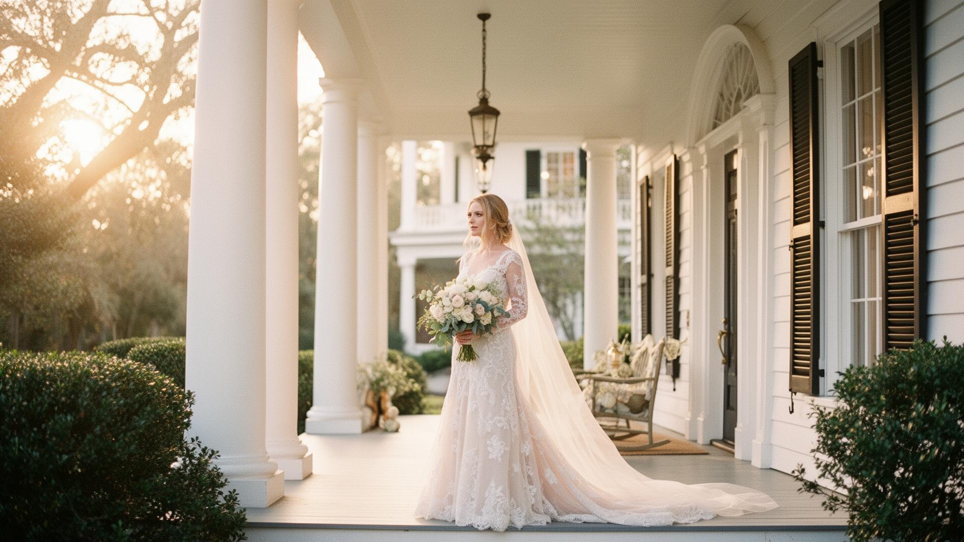 Romantic Southern bride at golden hour